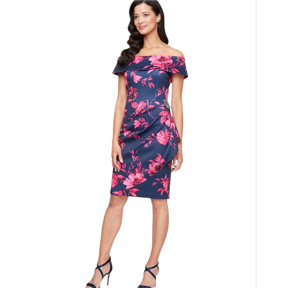 Alex Evenings Floral Off-Shoulder Dress - Pink and Black